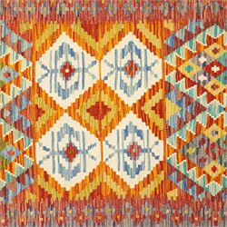 Afghan Chobi flatweave kilim, with a repeating stepped diamond medallion design in ivory, green, rust, teal, purple, indigo, and framed by chevron and geometric borders