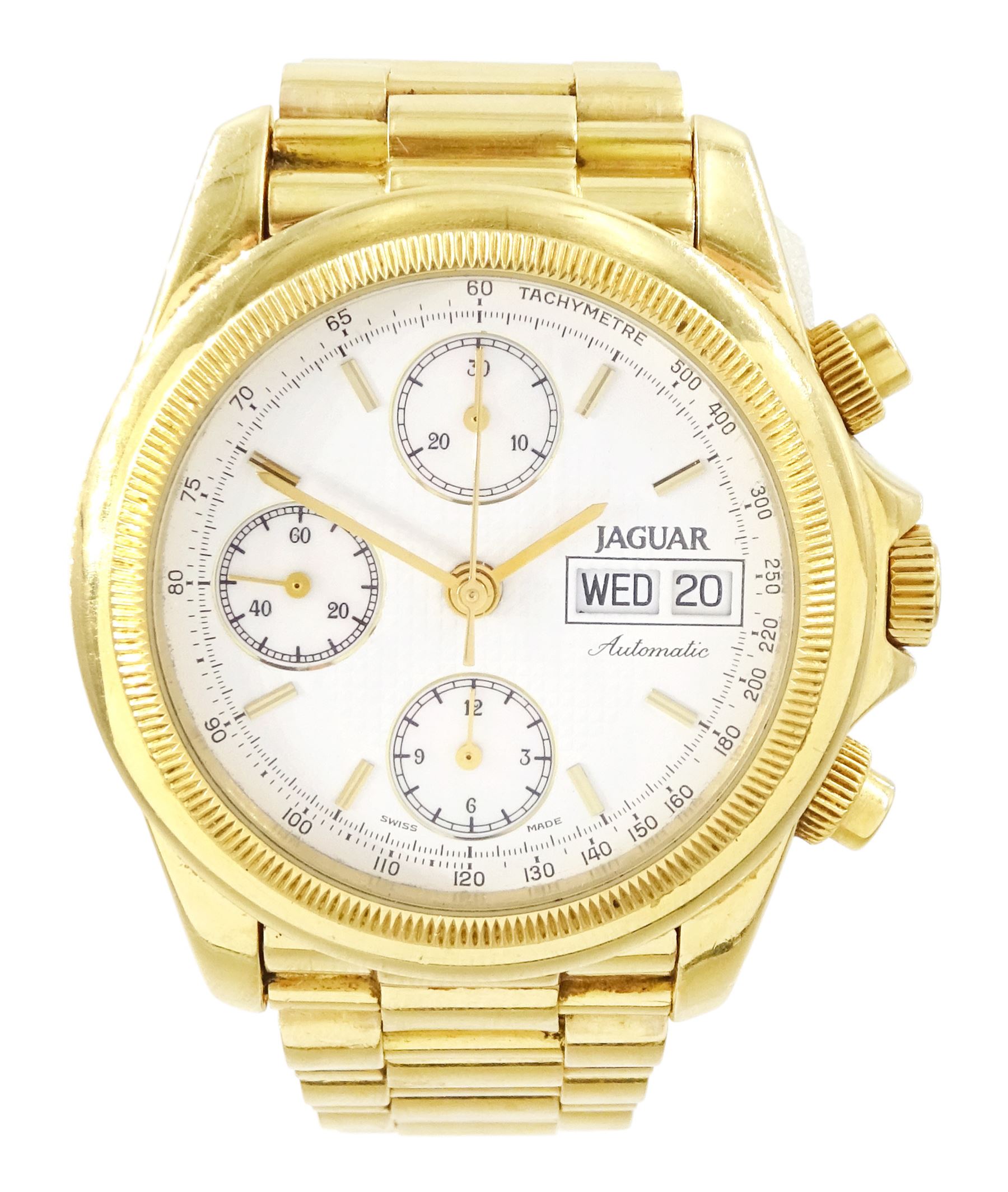 Jaguar gentleman's 18ct gold automatic chronograph wristwatch, white dial with mother of pearl subsidiary seconds dials, day-date aperture and baton hour markers, on 18ct gold bracelet, Swiss hallmarks