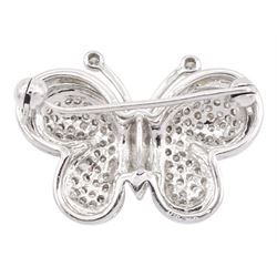 18ct white gold pave set diamond butterfly suite including ring, pair of stud earrings and pendant / brooch, all stamped 750