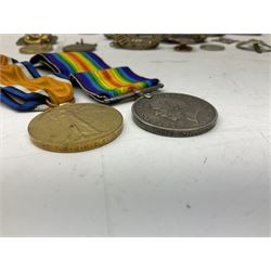 WW1 pair of medals comprising British War Medal and Victory Medal awarded to 24085 Sjt. J. Hazle Durh. L.I.; together with Durham Light Infantry cap and collar badges, shoulder titles, buttons etc; various royalty commemorative medallions etc