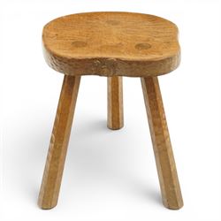 Squirrelman - rustic oak milking stool, adzed shaped top with exposed peg construction, on...