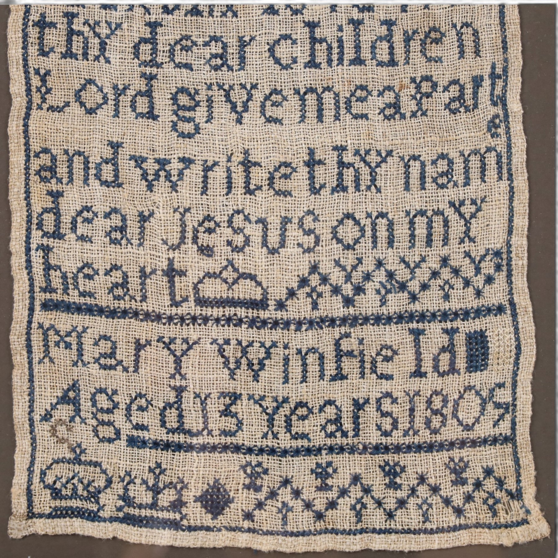 19th century sampler, by Mary Winfield aged 13 years, 1809, alphabet and verse, framed, H54cm 