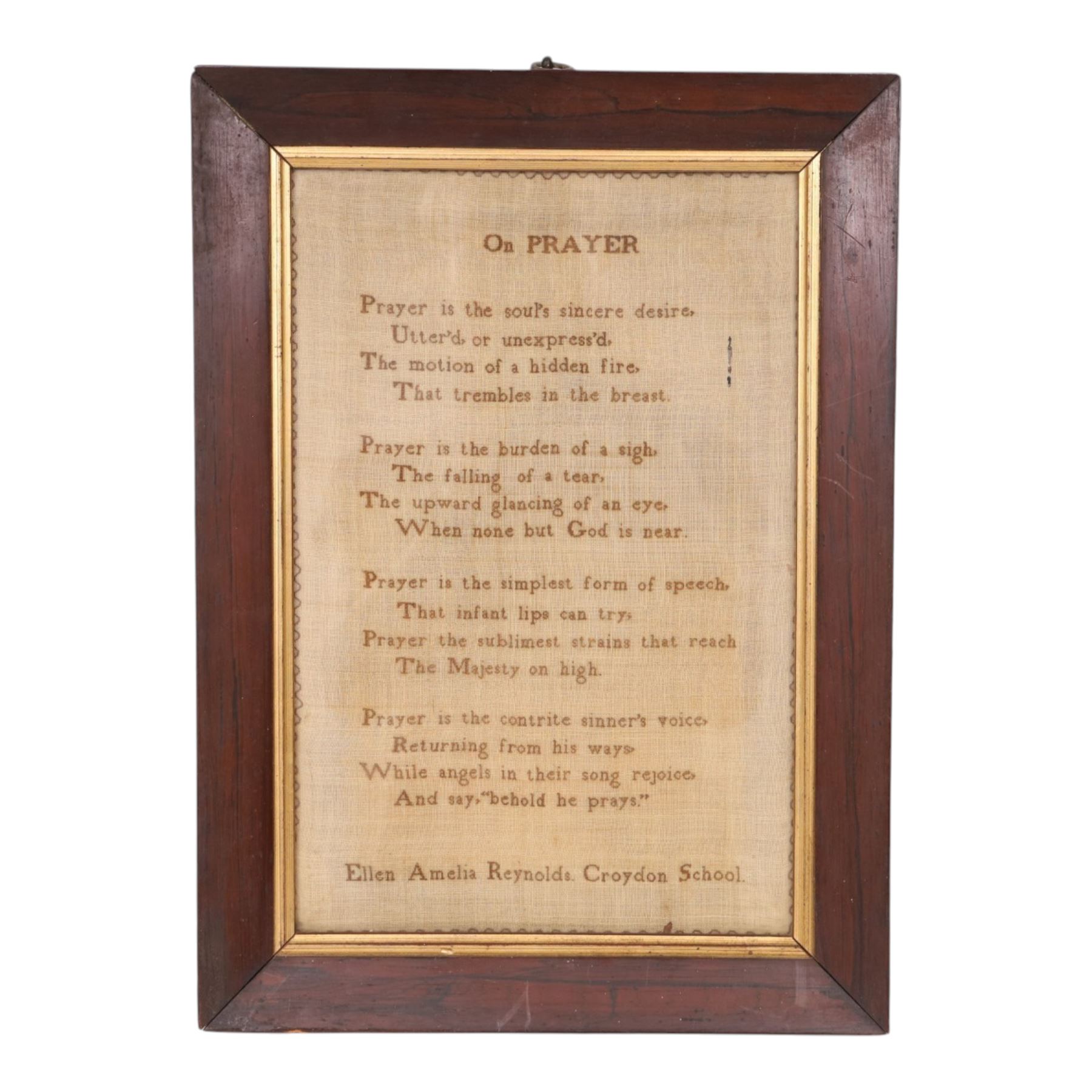 19th century needlework Quaker sampler, by Ellen Amelia Reynols Croydon School, worked with On Prayer, within an oak frame, H38cm, D28cm