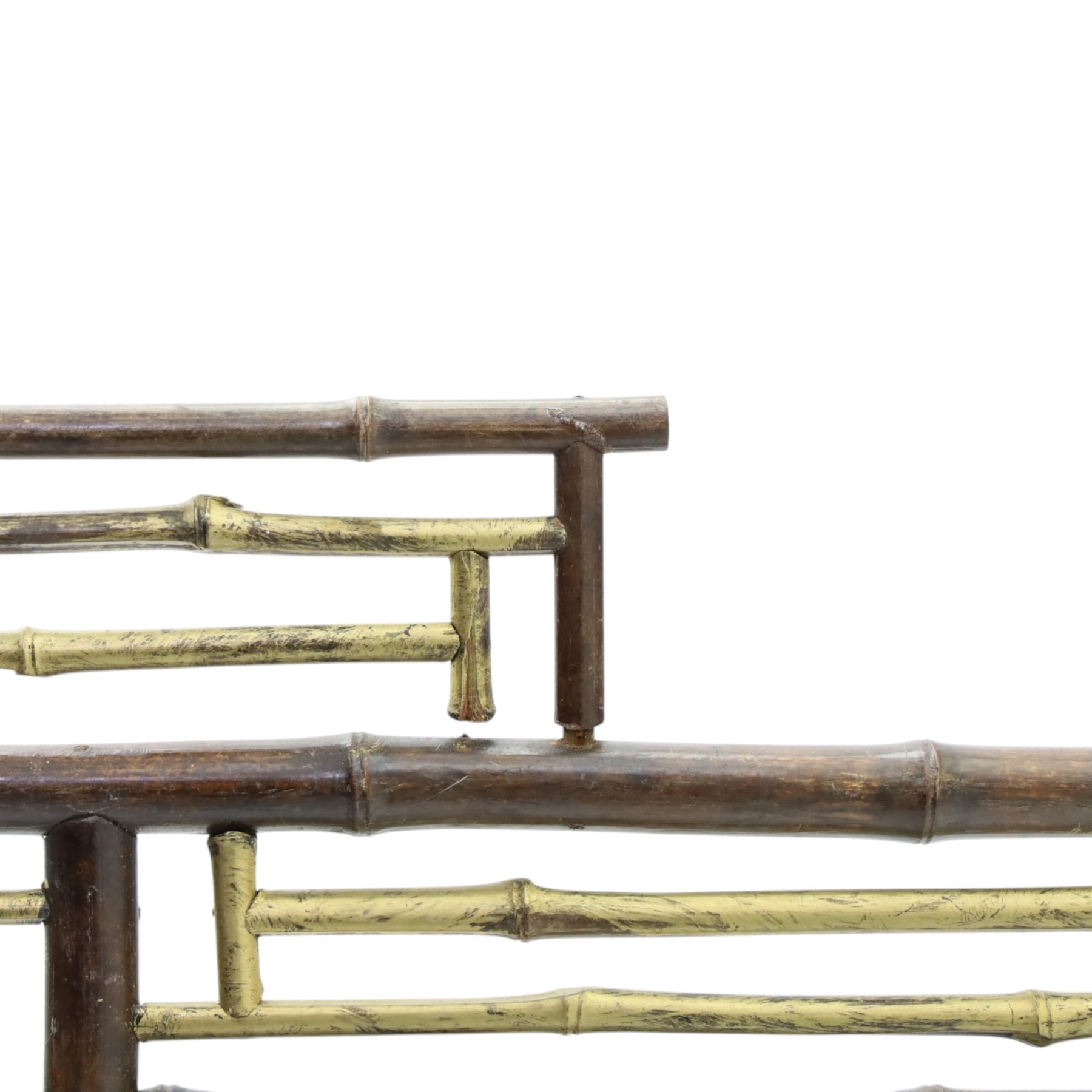 Victorian Aesthetic Movement bamboo framed fire screen, geometric bamboo frame with gilt elements, later applied fabric panel