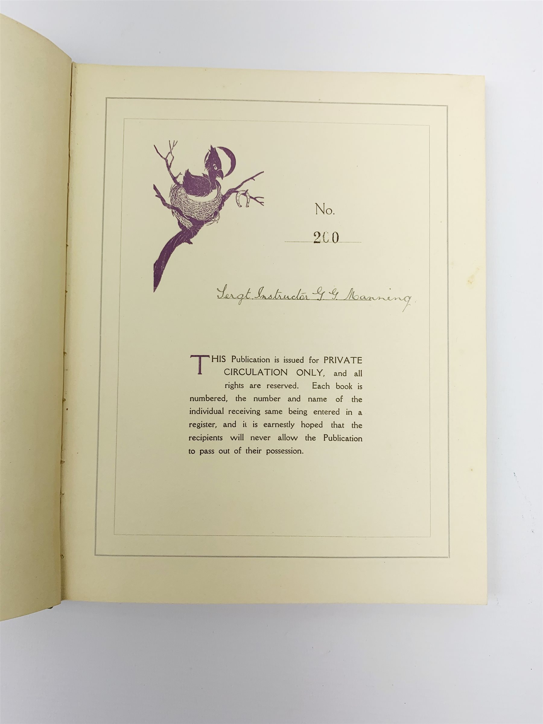 Beston Ernest W.: Peace. Prophecies Concerning The End of the War. The Predictions of the 'Prophets', with the author's comments May 1917. Presentation limited edition No.200 to Sergt. Instructor G. G. Manning with a typed letter signed by the author to Sgt. Manning on Birmingham Bachelor's Club notepaper. Pictorial front cover.