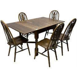 Early 20th century oak draw-leaf dining table, square top over turned supports joined by X-stretcher (W91cm H76cm); set of five (4+1) elm and beech our hoop and stick wheel-back dining chairs, turned supports united by H-stretchers (W54cm H100cm)