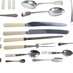 Silver dessert spoon, silver souvenir spoon, silver handled fish knife and two silver napkin rings, together with a collection of silver plated cutlery