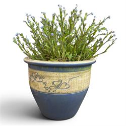 Pair of terracotta circular planters, bark design cast stone two branch bird bath, two small circular stone planters, and three composite circular planters (8)