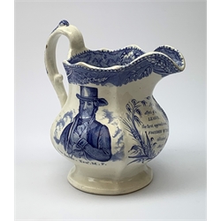 A 19th century blue and white printed jug, detailed with portraits of Richard Cobden, Esq MP and John Bright, Esq MP, and with allusions to the Repeal of the Corn Laws and Free Trade, H18cm. 
