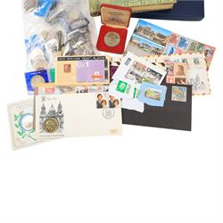 Great British and World coins and stamps, including The Queen's Golden Jubilee and The Royal Family cover collections, commemorative crowns, etc