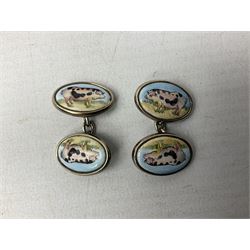 Pair of Halcyon Days hallmarked silver and enamel cufflinks depicting pigs, in box