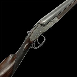 Smith Midgley Bradford 12-bore side-by-side double barrel side-lock ejector shotgun with 71cm barrels, engraved action with patented top lever, ivy leaf fences and top safety, walnut stock with chequered grip and fore-end, serial no.62409 to barrels and 1481 to action, L115cm overall SHOTGUN CERTIFICATE REQUIRED