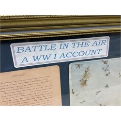 Early 20th century watercolour drawing of a WW1 Dog Fight over Suzanne Aerodrome, framed with a manuscript account of the encounter and initialled C.P. 4.9.18; modern gilt frame; and a framed publisher's promotional photographic print of Lt.-Colonel W.A. Bishop V.C., D.S.O., M.C., D.F.C., signed in the text (2)