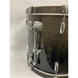 Pearl Vision SST Birch Ply shell four-piece drum kit in black comprising bass drum with foot pedal and three graduated toms; together with Pearl Custom Alloy Sensitone steel snare drum, drum and cymbal stands, microphone stand, stool and various drum sticks 