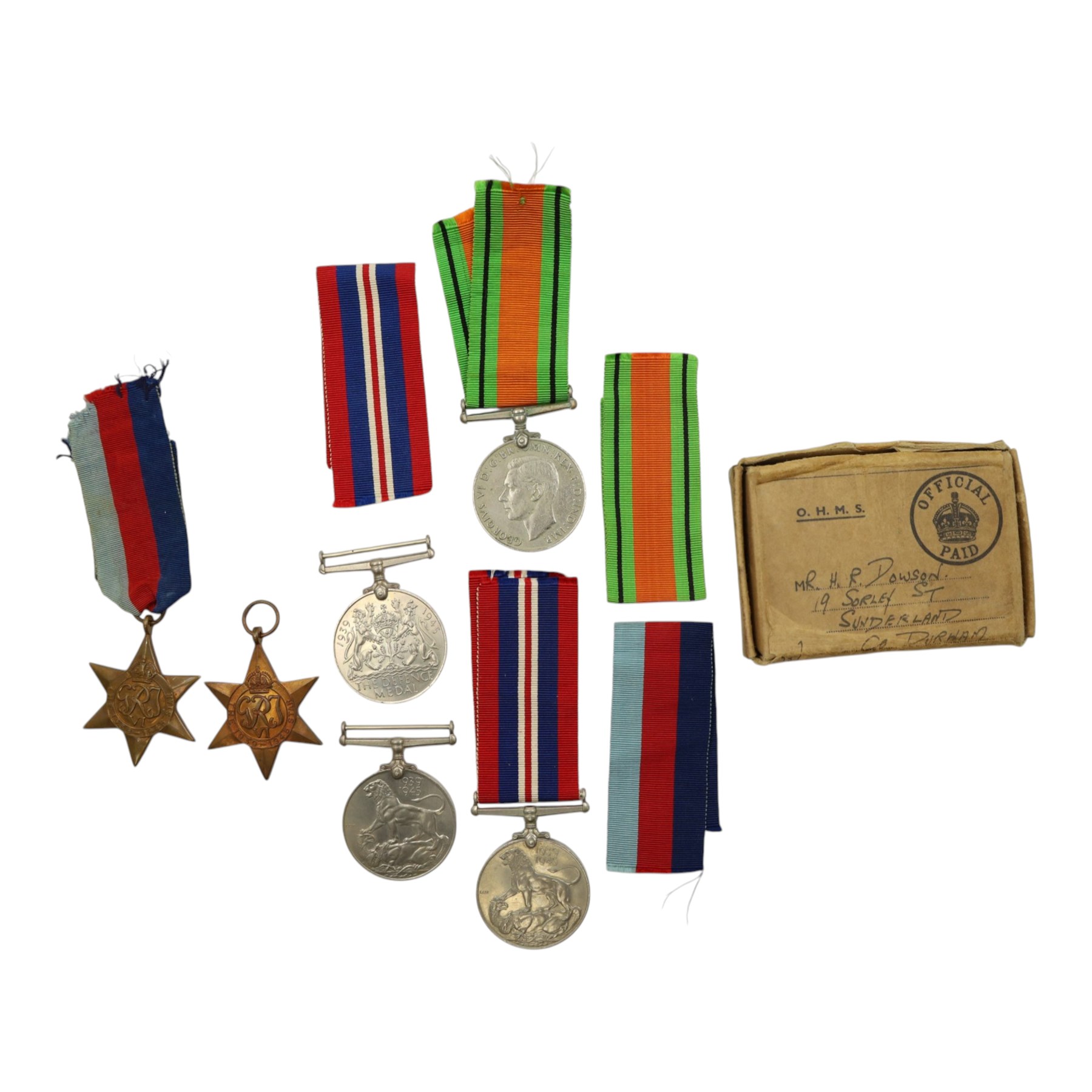 WWII British group, comprising 1939-45 Star, War medal and Defence medal, awarded to H.R Dowson in original box together with three other WWII medals comprising War medal, Defence medal and 1939-45 star  