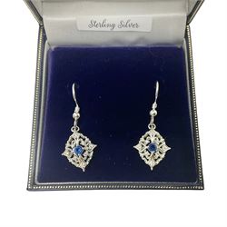 Pair of silver blue spinel and cubic zirconia pendant earrings, stamped 925, boxed 