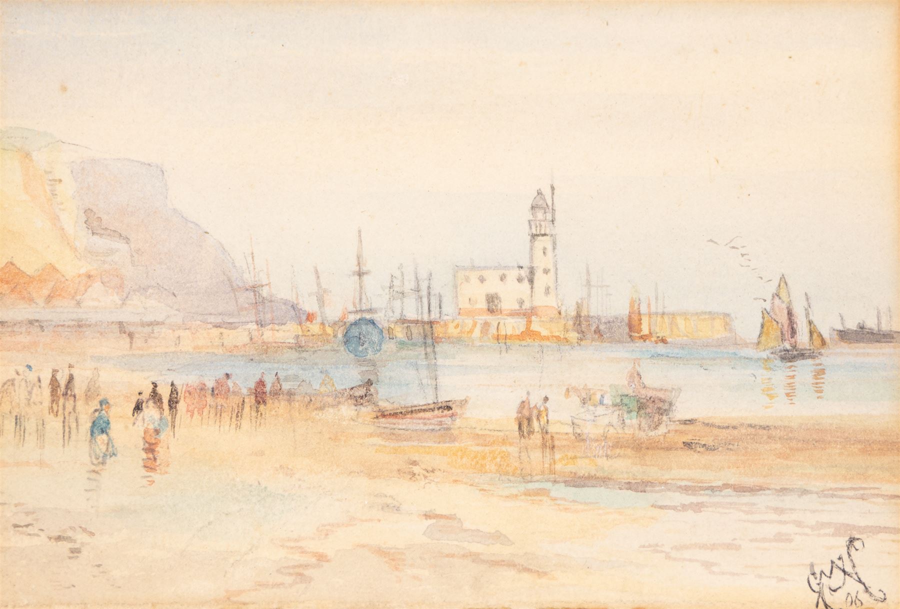 English School (19th Century): Ships at Sea, watercolour signed, in carved Florentine gilt frame, frame overall 34cm x 41cm; GWC (19th Century): Scarborough Beach, watercolour signed with monogram and dated '06, 9cm x 13cm (2)