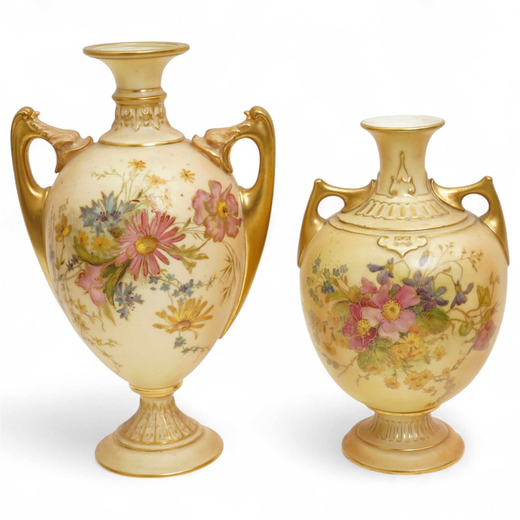 Collection of Royal Worcester blush ivory porcelain, to include three twin handled bulbous vases of graduating sizes, covered and pierced potpourri box, etc, tallest H24cm (11)
