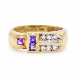 18ct gold purple sapphire and cubic zirconia dress ring, bezel set with three square cut s...