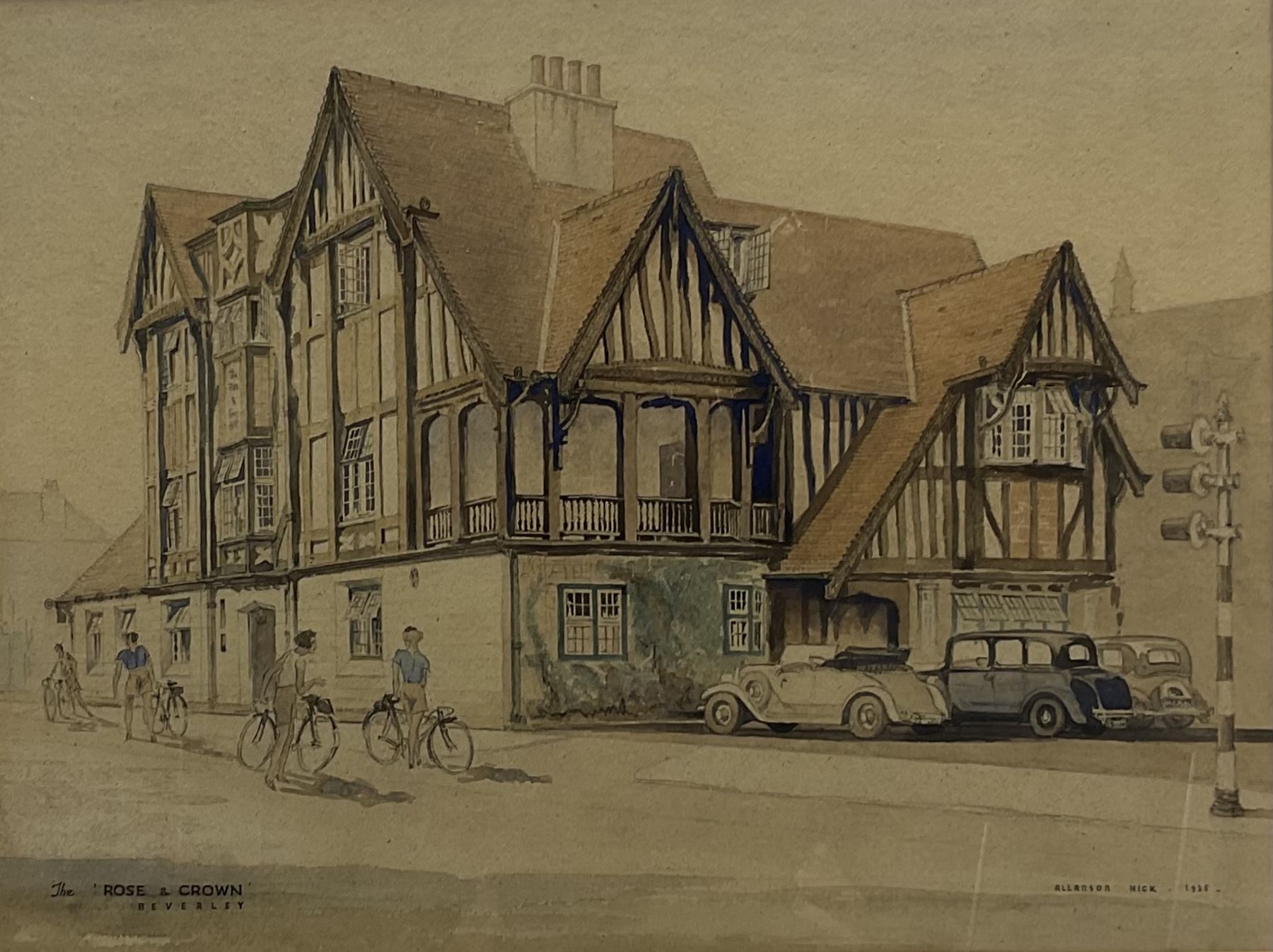 Allanson Hick (British 1898-1975): 'The Rose and Crown Beverley Bar', watercolour over pencil signed titled and dated 1935, 38cm x 50cm