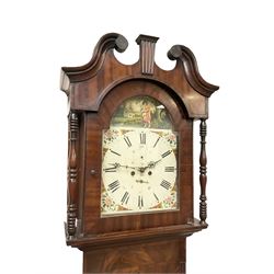 Late 19th century - mahogany 8-day longcase clock c1880, with a swans neck pediment  and break arch hood door, wide trunk with a short door and inset reeded columns, on a broad plinth with a flat base,  unsigned painted dial with Roman numerals, minute markers and subsidiary date and seconds dials, floral spandrels and a depiction of a child and dog in a county setting to the break arch. With pendulum, no weights.