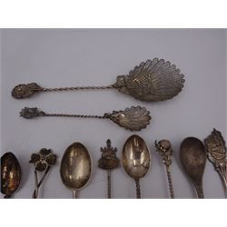 Set of six 1920s silver coffee bean spoons, together with a collection of silver souvenir and similar spoons, including two filigree examples, all tested or hallmarked