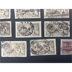 Great Britain King George V seahorse stamps, comprising fourteen half crown, seven five shillings and two ten shillings, all used, all previously mounted