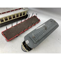 Six Bachmann G scale, gauge 1 rolling stock wagons and carriages, including tram coach, log carrier and tanker, etc, all unboxed 