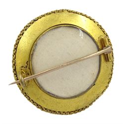 Victorian 18ct gold enamel and seed pearl hinged bangle and matching brooch, each star set with a seed pearl and blue enamel dome within a circular cannetille frame, each with a glazed panel verso, the hinged bangle with foliate engraved decoration, in fitted case