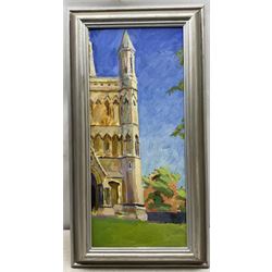 Pamela Chard (British 1926-2003): West Porch St Albans Cathedral, oil on board unsigned 65cm x 28cm 
Provenance: studio collection of the late William Chard, the artist's husband. 
Notes: Chard was a British artist and teacher married to fellow artist William Chard (1923-2020). The couple met at the Redfern Gallery in Cork Street, London, and went on to study under several important artists such as Henry Moore, Ceri Richards, and Vivian Pitchforth. They were both active members of 'The Arts Council of Great Britain', and exhibited with the London Group and Drian Gallery.