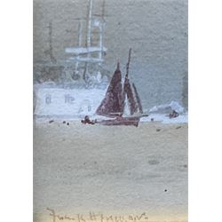 Frank Henry Mason (Staithes Group 1875-1965): 'Past & Present - the Victory and Dreadnought Portsmouth 1908', watercolour heightened in white signed, titled on original Scarborough framer's label verso 10cm x 25cm              
