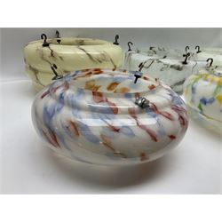 Six Art Deco glass fly catcher light shades, including marbled, mottled and frosted glass examples, largest D31cm