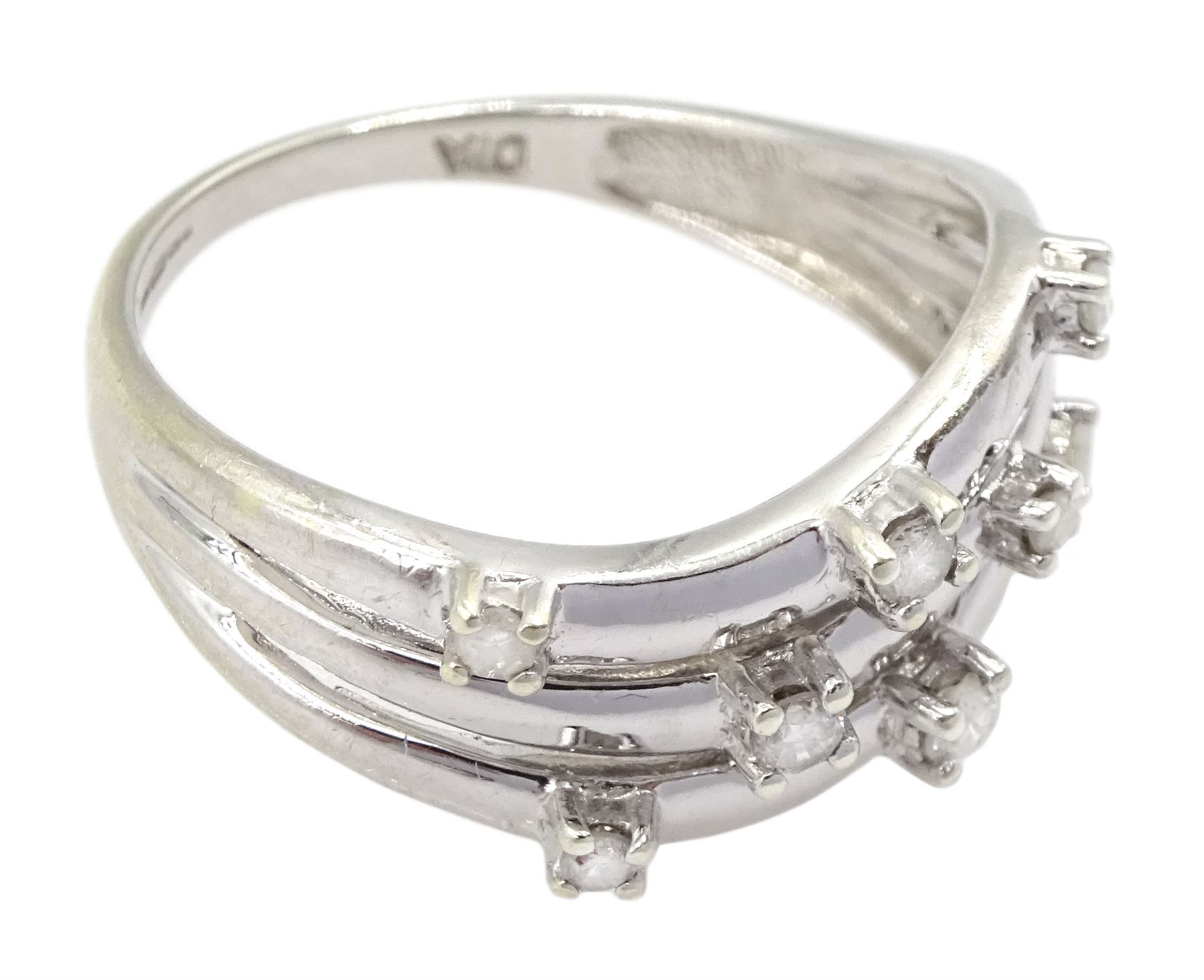 9ct white gold three row eight stone diamond ring, hallmarked