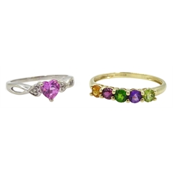 White gold heart shaped pink sapphire and diamond ring and a gold five stone peridot, amethyst, citrine and garnet ring, both hallmarked 9ct