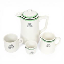 Pacific Steam Navigation Company tableware, comprising hot water pot, milk jug, egg cup and coffee cup, white with navy blue crest by Grindley Hotel Ware, pepper mill and four EPNS teaspoons with enamel decoration