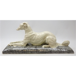  After Louis-Henri Nicot (French 1878-1944): crackle glaze sculpture 'Lying Greyhound' for AndrFau at Boulogne -sur-Seine, Paris L73cm   