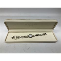 Silver flattened curb necklace, silver bangle, brooches and ring, all stamped or hallmarked, silver vinaigrette, 9ct gold wristwatch hallmarked, on leather strap, U.S. Polo Association stainless steel ladies wristwatch, and collection of vintage and later costume jewellery 