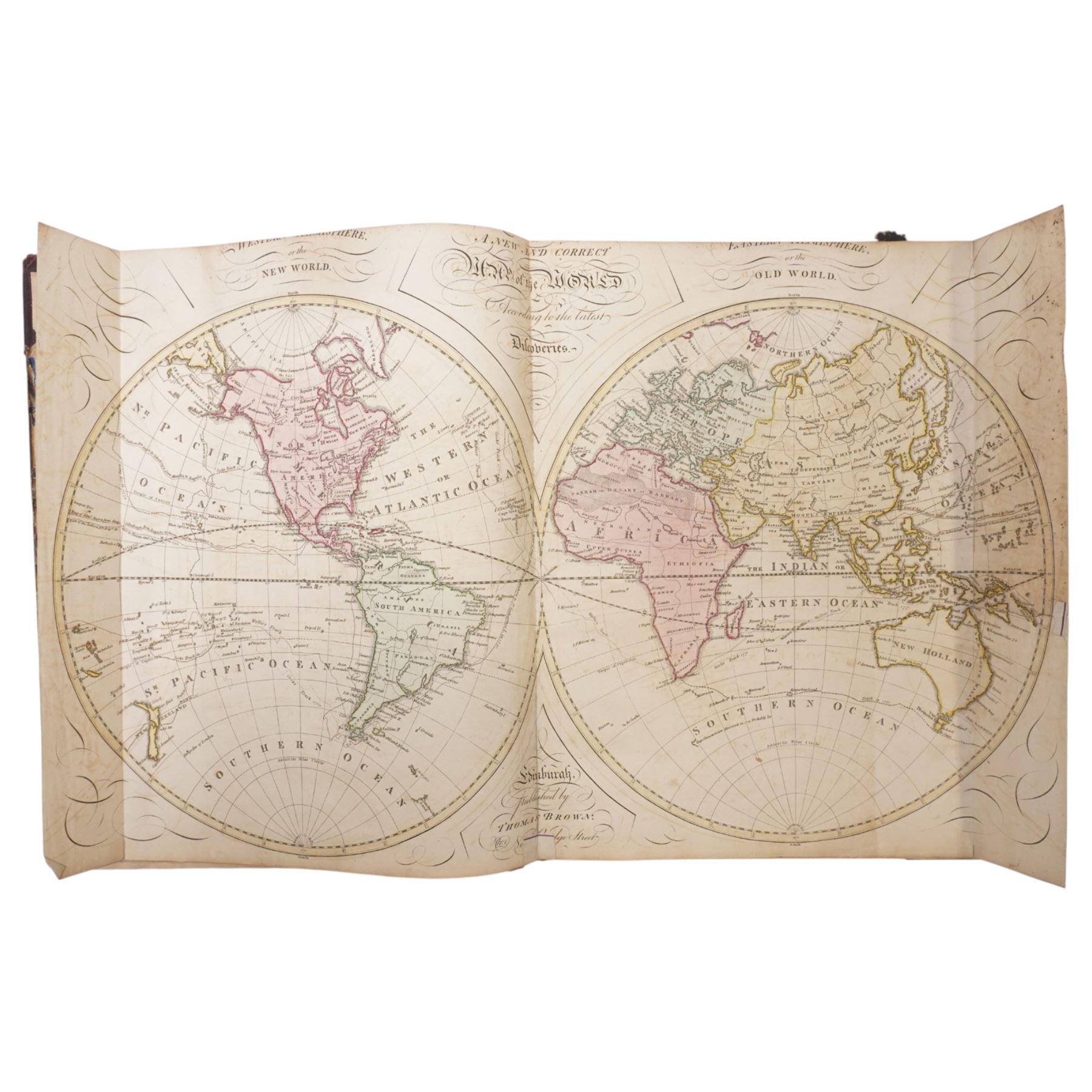 Brown (Thomas) - 'A General Atlas being a Collection of Maps of the World & Quarters, the Various Empires, Kingdoms & States in the Known World' published Edinburgh 1814 with thirty five hand coloured engraved maps as listed, lacks map of England & Wales, with two additional maps bound in comprising 'Map of Jamaica' by John Arrowsmith 1839 and 'Map of British Guiana' by J Hadfield 1838, in contemporary boards