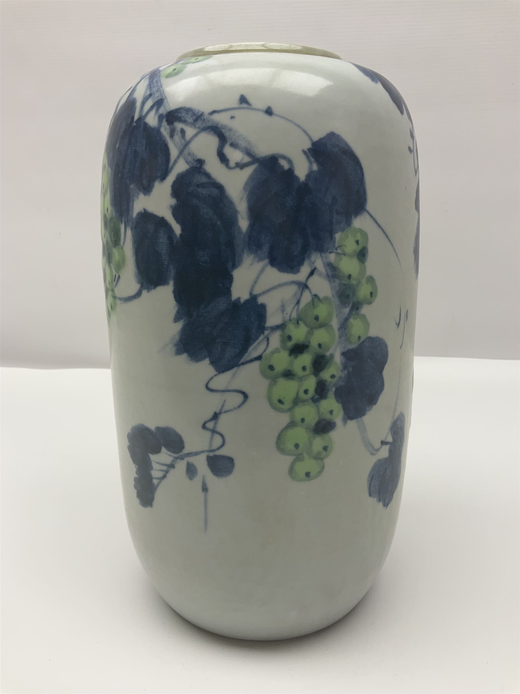 Chinese vase, decorated with vines and grapes and signed beneath, together with Chinese tea set of hexagonal form, comprising teapot and stand and six cups, vase H30cm