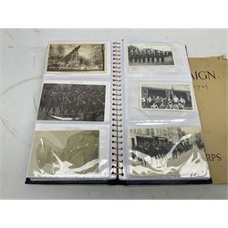 Modern album containing over sixty postcards and photographs including memorial portraits of KIA soldiers, regimental crests, comic, WW1 embroidered silk, uniforms, cap badges, camp and manoeuvre images etc; another personal photograph album of WW2 soldiers relaxing; Royal Armoured Corps booklet 'The Italian Campaign 3rd Sep. 1943 - 2nd May 1945; and other paper ephemera of military interest