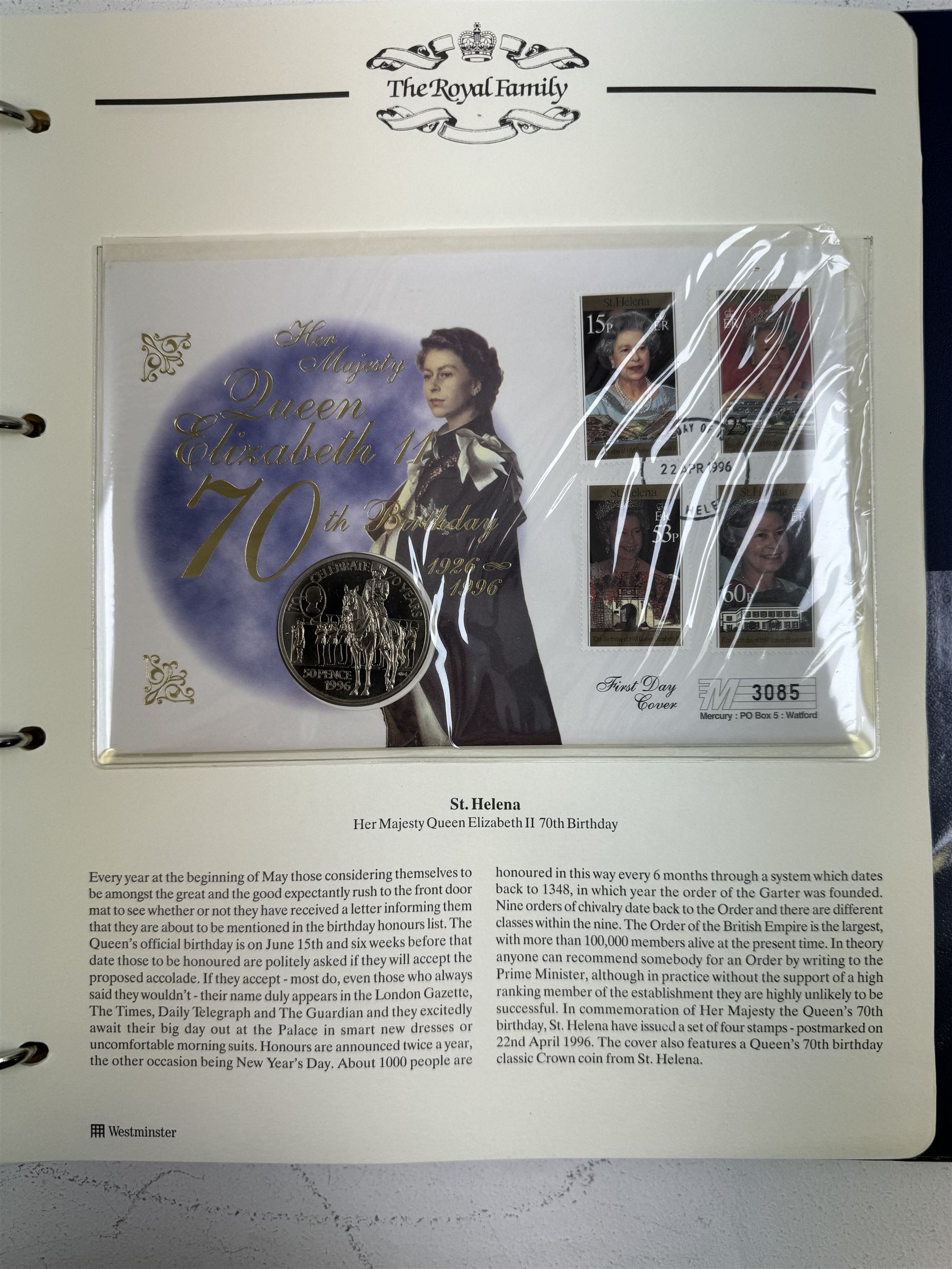 Commemorative coin and stamps covers, including Australia 'Queen's Birthday 1996' containing one dollar coin, Canada 'Her Majesty Queen Elizabeth II 70th Birthday' containing five dollars coin, various commemorative crown coin stamp covers etc, housed in 'The Royal Family' ring binder folder