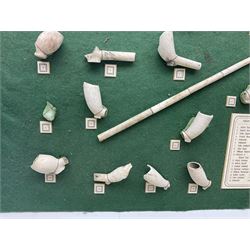 Annotated display board of clay pipes; rootwood walking stick and Yorkshire CCC signed cricket bat 2001