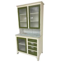 Mid-20th century painted kitchenette, raised glazed cabinet over single glazed door and four drawers