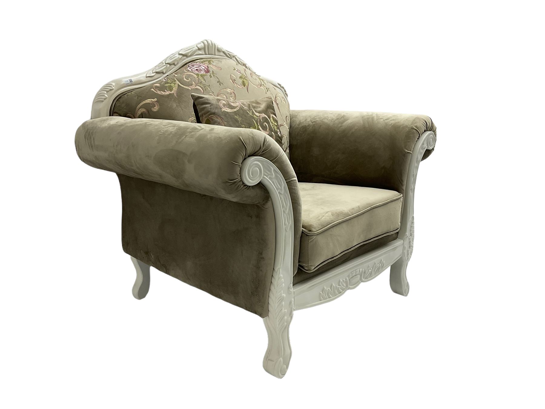 French style white finish armchair, upholstered in grey fabric with scrolling floral pattern, the frame decorated with leaf motifs 