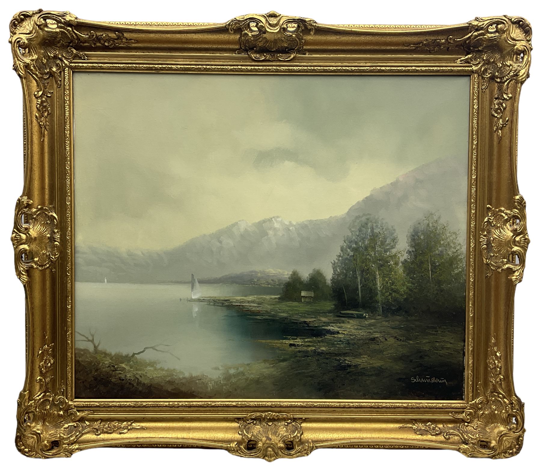 Karl Schmidbauer (Austrian 1921-1998): Lake Landscape, oil on canvas signed 50cm x 60cm; Continental School (20th century): Rural Landscape with Cottage, oil on canvas indistinctly signed 49cm x 60cm (2)