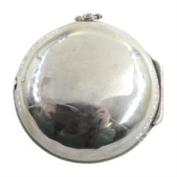 18th century silver pair cased verge fusee pocket watch by John Berry, London, No. 750, Egyptian pillars, pierced and engraved balance cock with scallop shell decoration, silver champleve dial with gilt border, Roman hours and outer Arabic minute ring, steel beetle and poker hands, dial signed Berry London