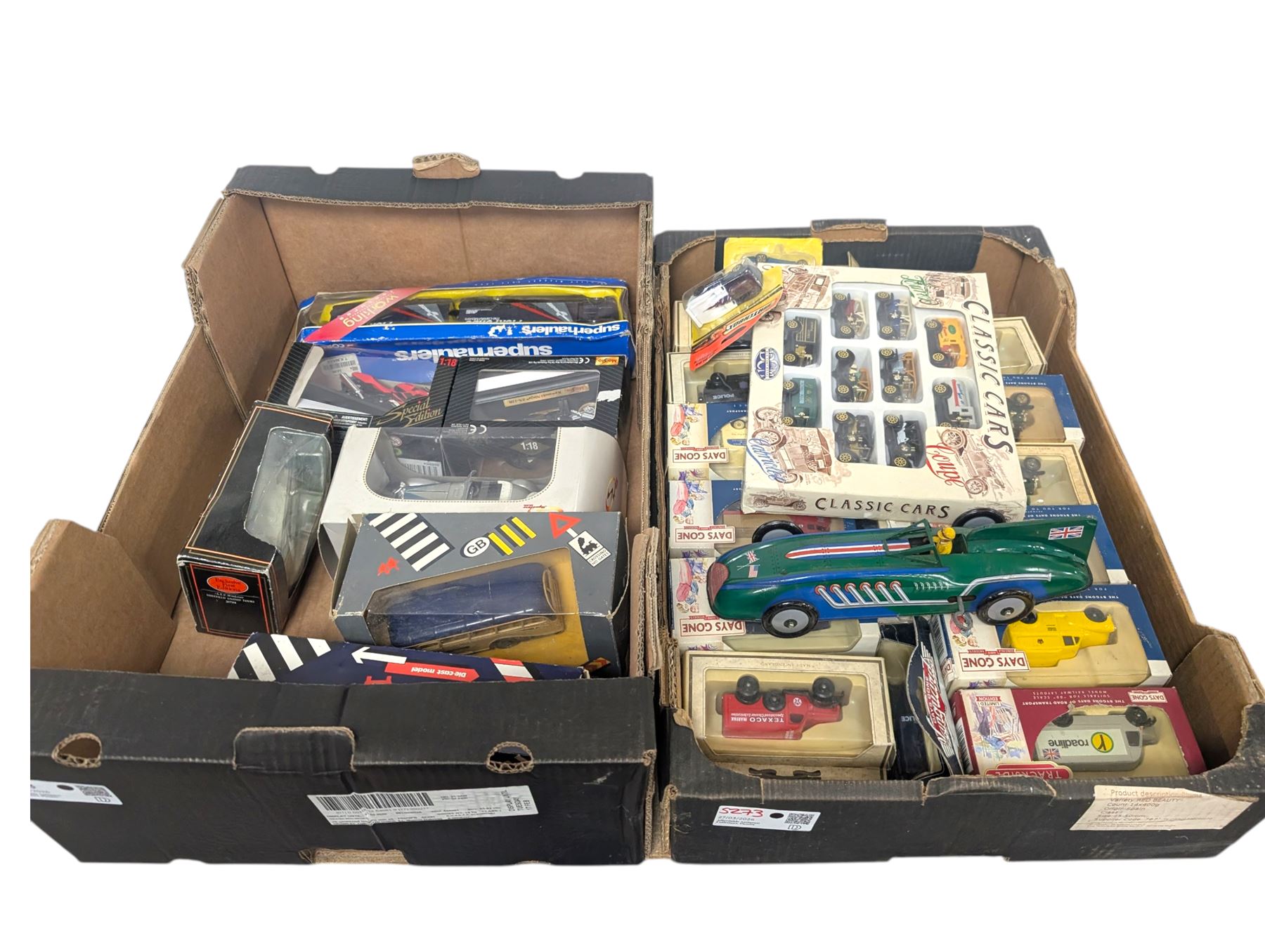 Collection of diecast model vehicles, including Corgi Super Haulers Pickfords lorry, Corgi Bedford Coach, Lledo Days Gone and Trackside models two Maisto motorcycles, etc, all boxed together with a St Johns tinplate Land Speed Record clockwork car