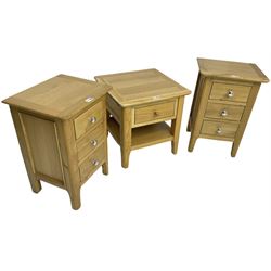 Pair of small light oak bedside chests (W38cm, H55cm, D32cm); together with a single light oak bedside or lamp table (W45cm, H46cm, D45cm)
