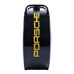 Metal petrol can in the style of Porsche, with black painted body, hand-painted Porsche logo detailing and gilt screw lid