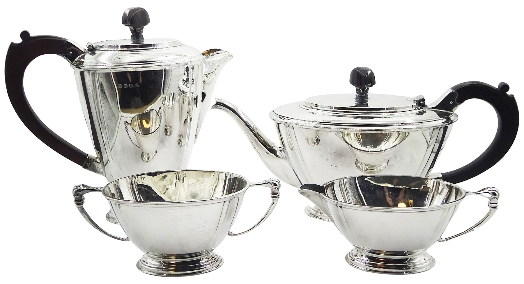 1930's four piece silver tea service, comprising teapot, hot water pot